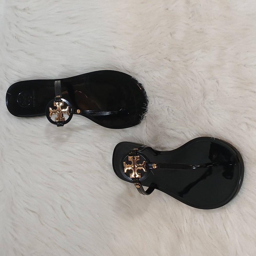 Tory Burch  Mini Miller Flat Jelly Black Sandals with Gold Emblem Sz 8 M - Picture 2 of 9